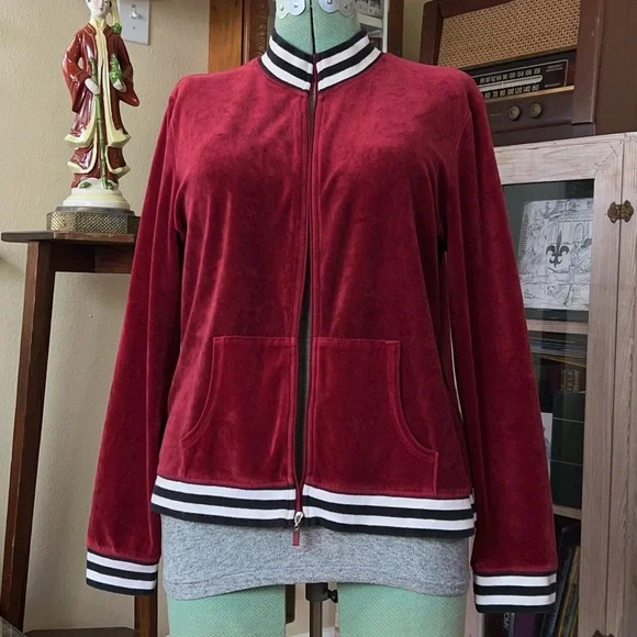 Red Velvet Velour Track Jacket Y2K Emo Soft Grunge Zip Up Striped Collar retro - Picture 4 of 12